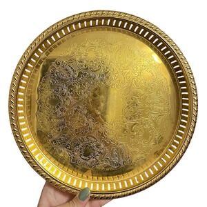 Vintage Scandia 24K Gold-Plated Tray Dish Plate Etched Floral Design Sweden 10"